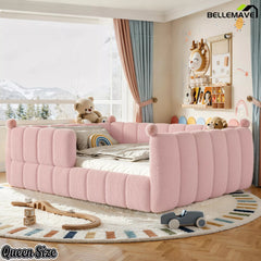 Pink queen size upholstered floor bed displayed in a children's bedroom