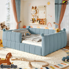 Blue queen size upholstered floor bed displayed in a children's bedroom