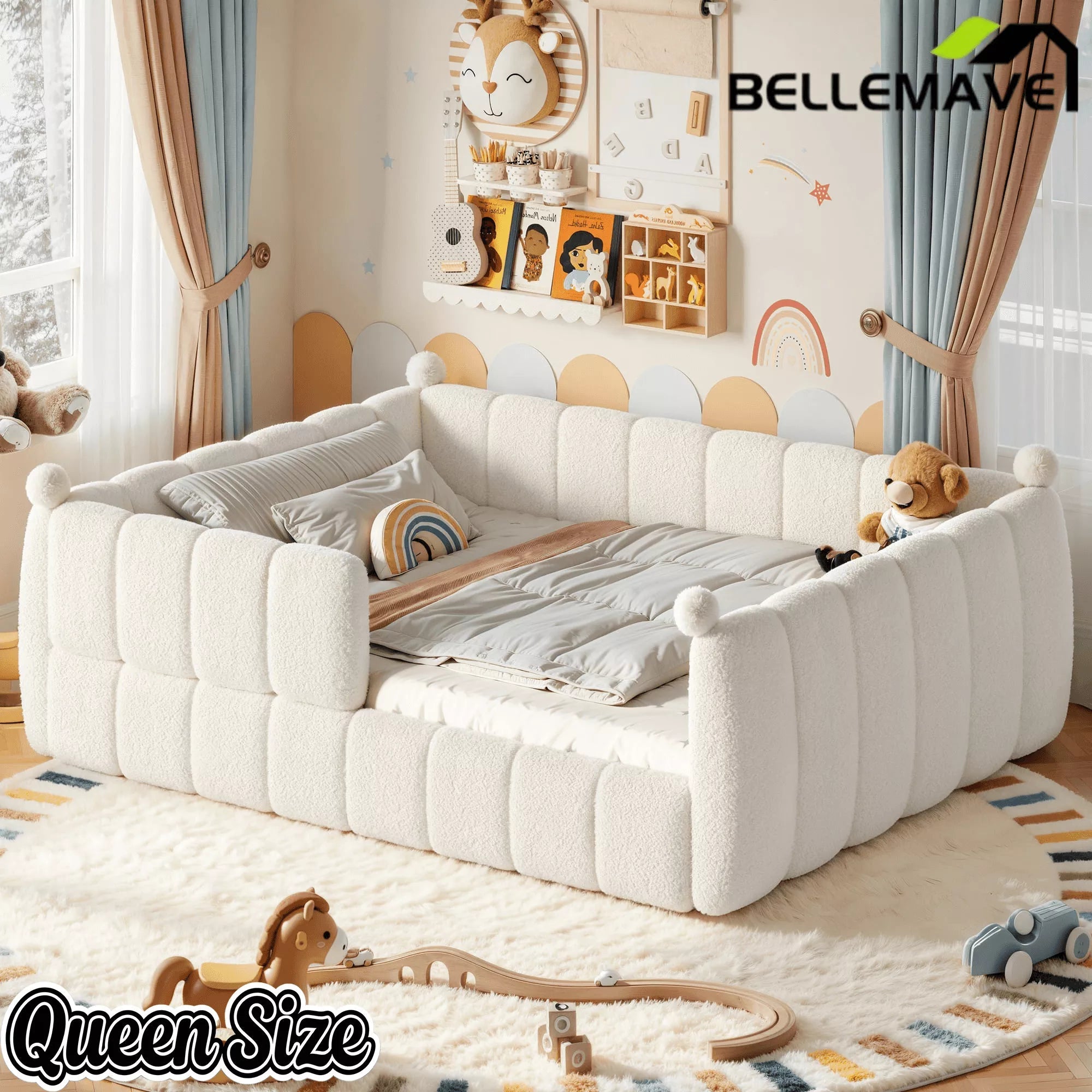 White queen size kids floor bed shown from an angled bedroom view with rounded upholstered sides