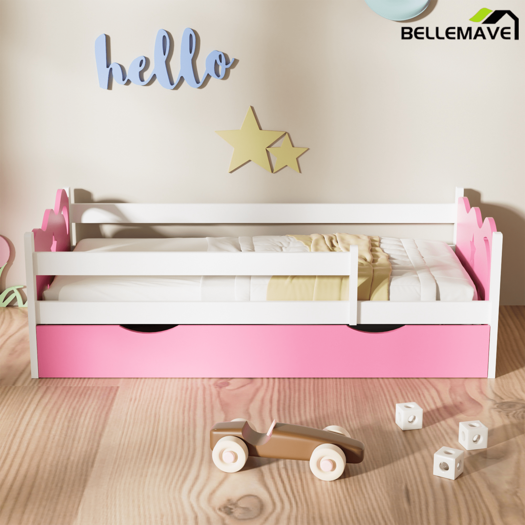 Bellemave® Kids Solid Wood Bed Frame with Storage Drawers, Platform Bed with Slats Support, No Box Spring Needed, Easy Assembly - Bellemave