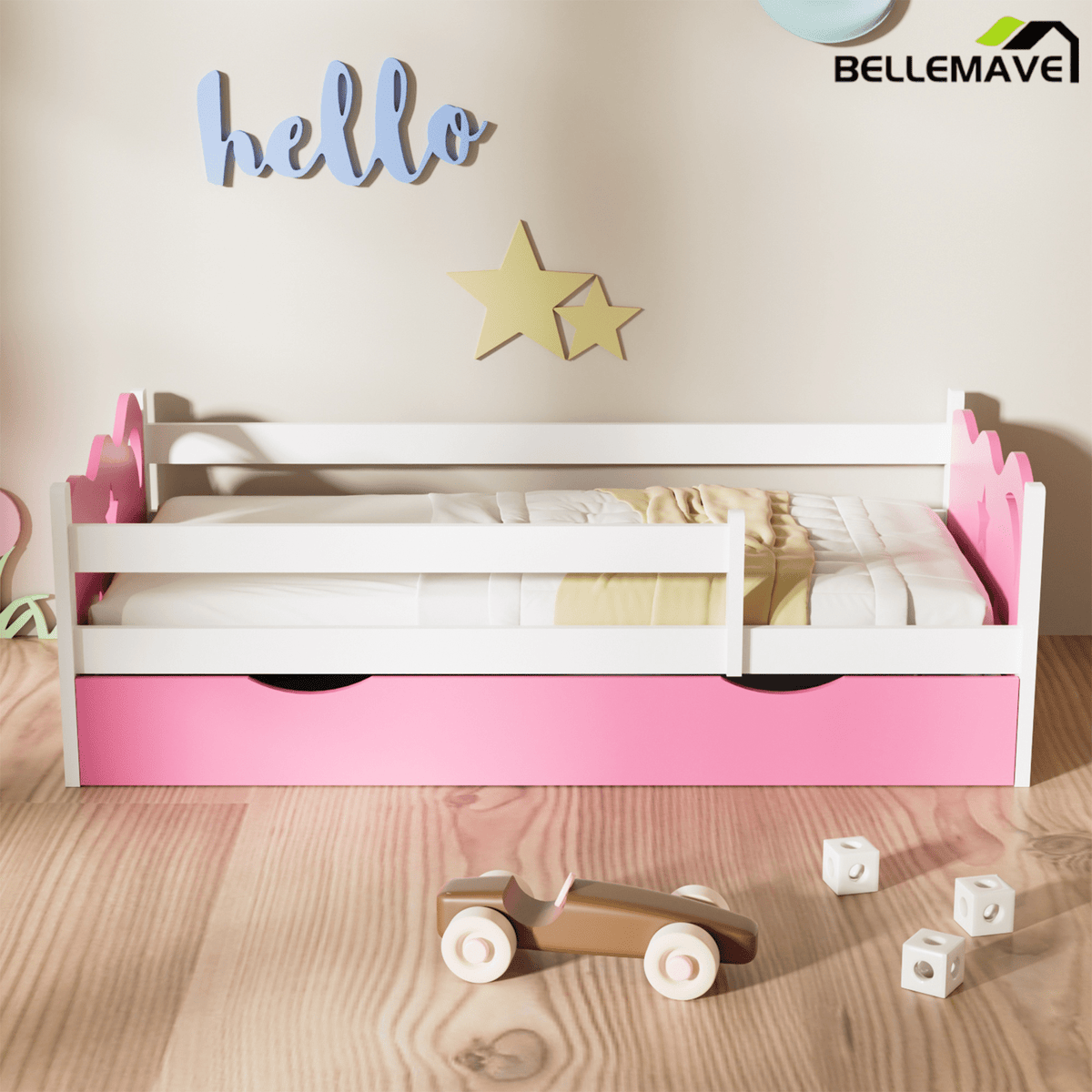 Bellemave® Kids Solid Wood Bed Frame with Storage Drawers, Platform Bed with Slats Support, No Box Spring Needed, Easy Assembly - Bellemave