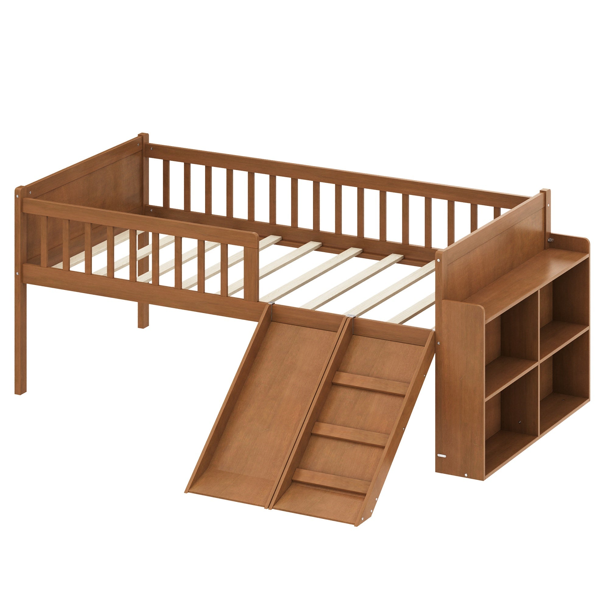 Bellemave® Kids Twin Low Loft Bed with Slide, Ladder & Storage Shelves – Wood Frame - Bellemave