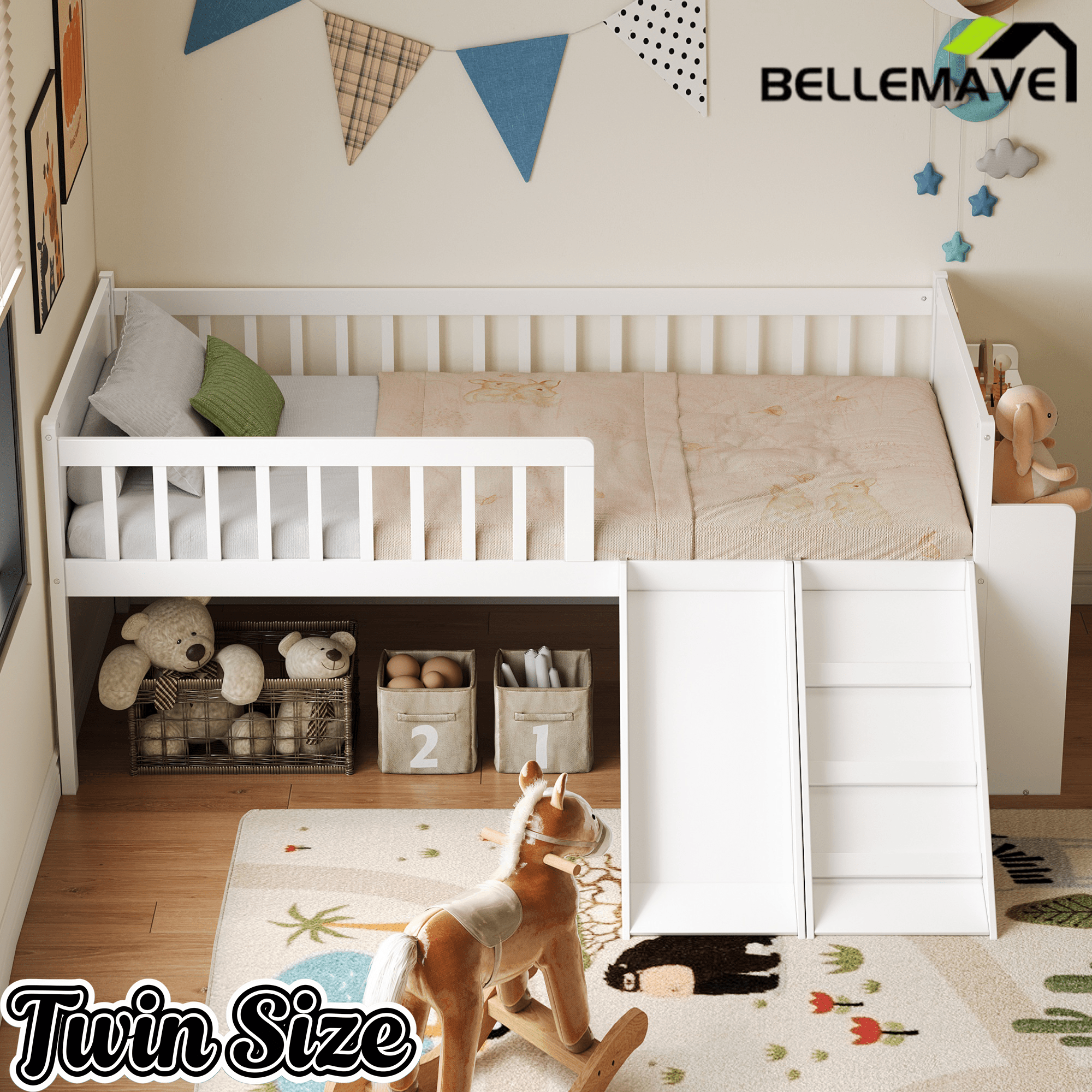 Bellemave® Kids Twin Low Loft Bed with Slide, Ladder & Storage Shelves – Wood Frame - Bellemave