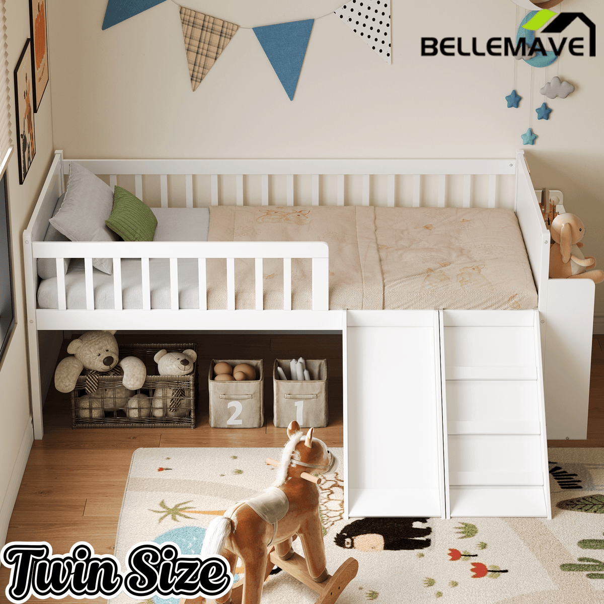 Bellemave® Kids Twin Low Loft Bed with Slide, Ladder & Storage Shelves – Wood Frame - Bellemave