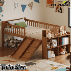 Bellemave® Kids Twin Low Loft Bed with Slide, Ladder & Storage Shelves – Wood Frame - Bellemave