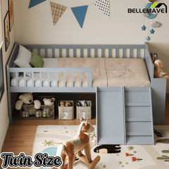 Bellemave® Kids Twin Low Loft Bed with Slide, Ladder & Storage Shelves – Wood Frame - Bellemave