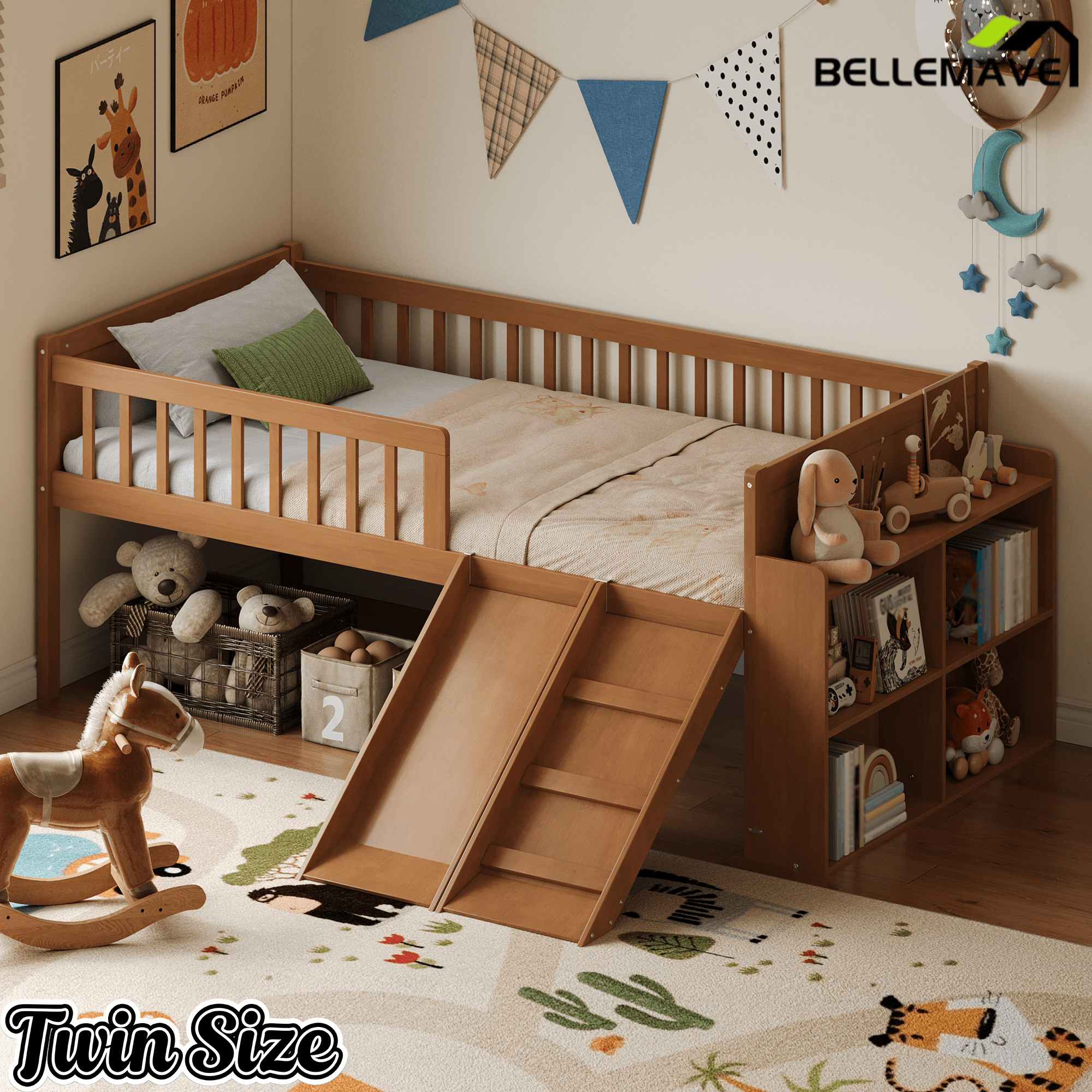 Bellemave® Kids Twin Low Loft Bed with Slide, Ladder & Storage Shelves – Wood Frame - Bellemave