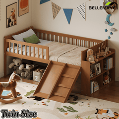 Bellemave® Kids Twin Low Loft Bed with Slide, Ladder & Storage Shelves – Wood Frame - Bellemave