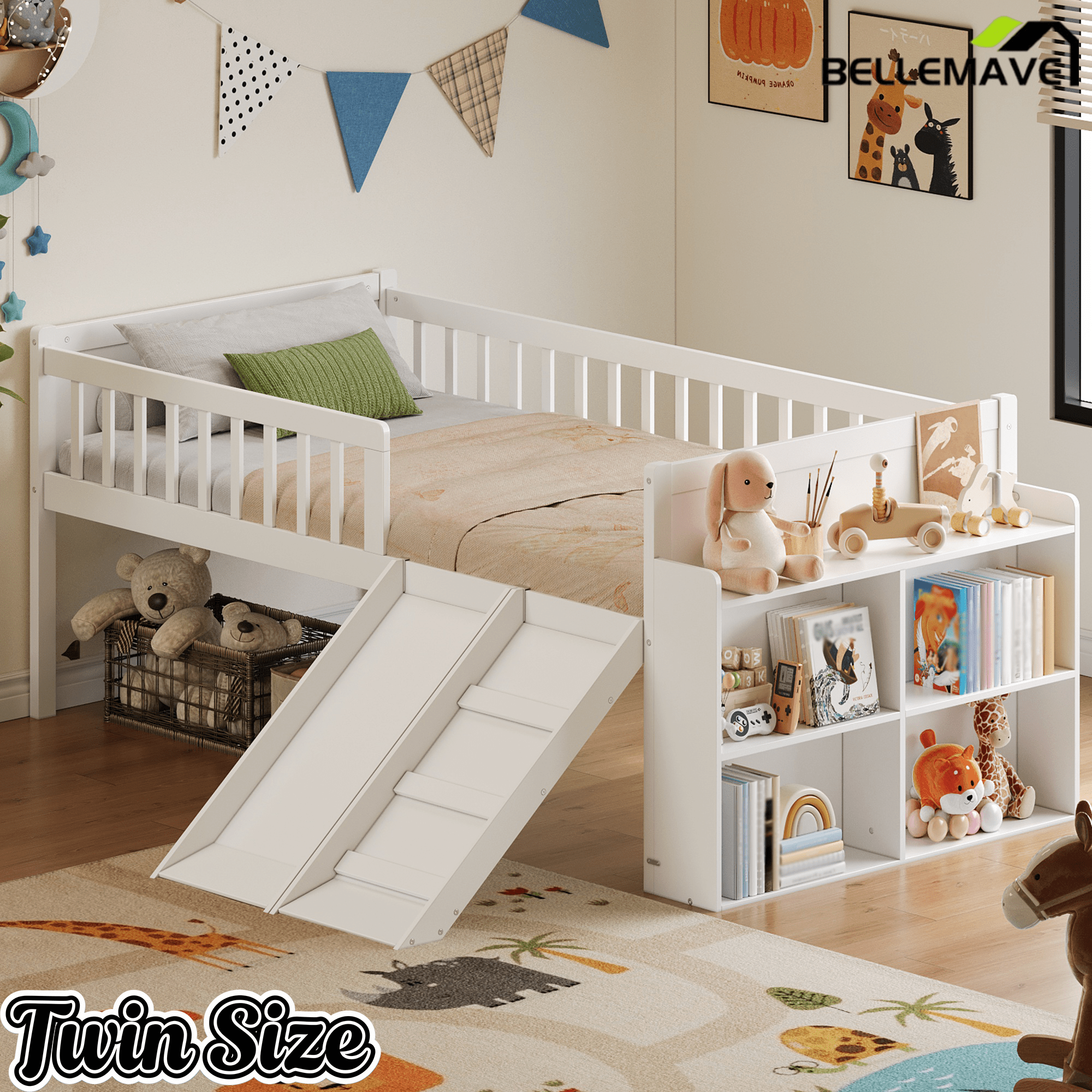 Bellemave® Kids Twin Low Loft Bed with Slide, Ladder & Storage Shelves – Wood Frame - Bellemave