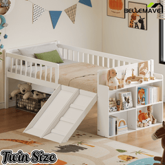 Bellemave® Kids Twin Low Loft Bed with Slide, Ladder & Storage Shelves – Wood Frame - Bellemave