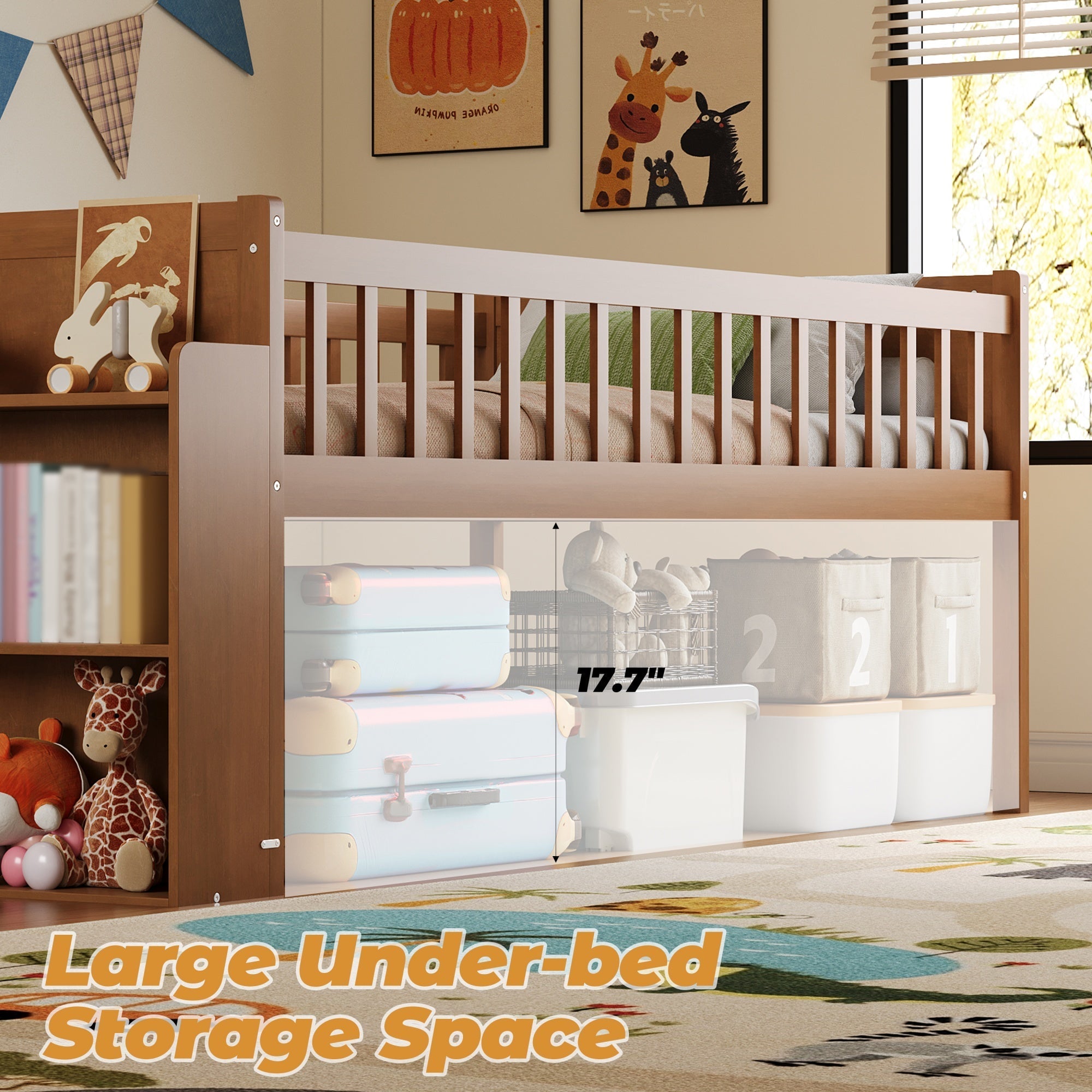 Bellemave® Kids Twin Low Loft Bed with Slide, Ladder & Storage Shelves – Wood Frame - Bellemave