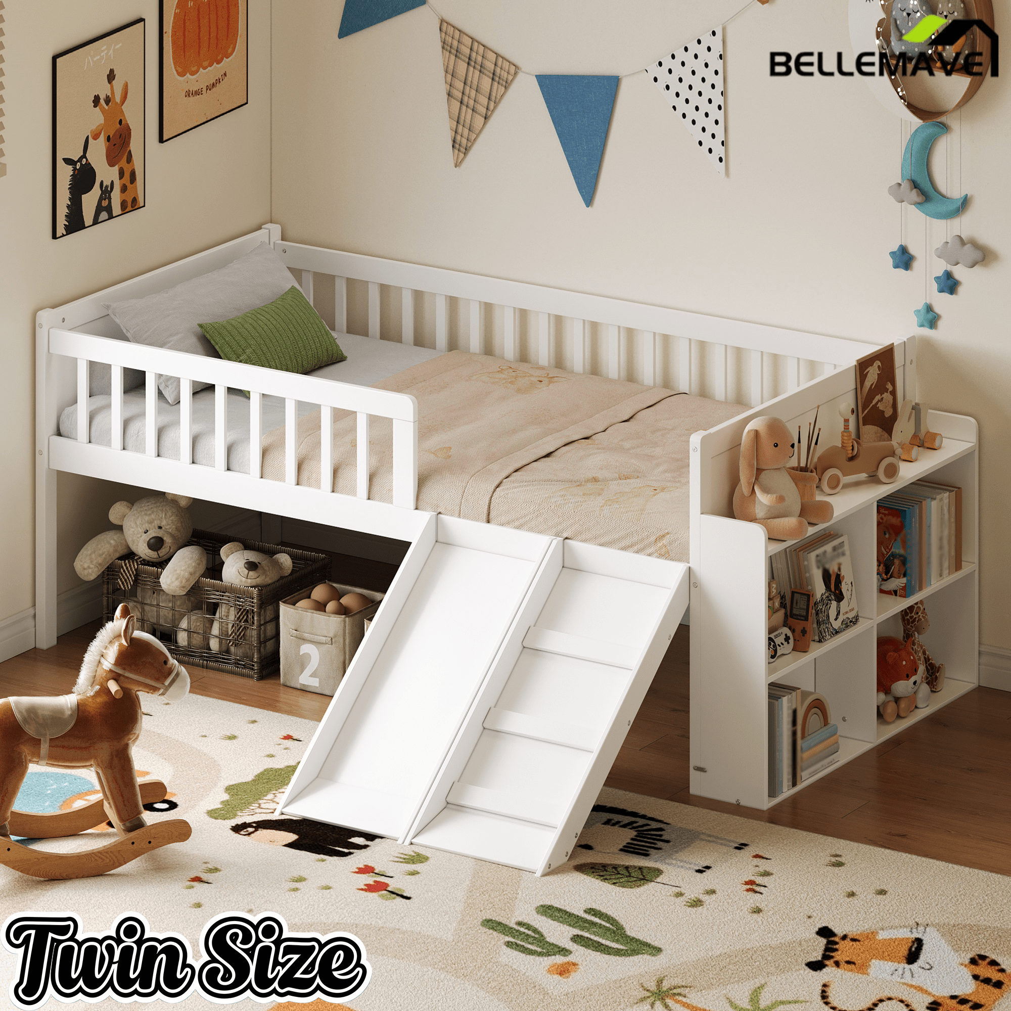 Bellemave® Kids Twin Low Loft Bed with Slide, Ladder & Storage Shelves – Wood Frame - Bellemave