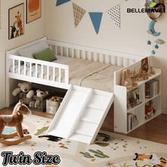 Bellemave® Kids Twin Low Loft Bed with Slide, Ladder & Storage Shelves – Wood Frame - Bellemave