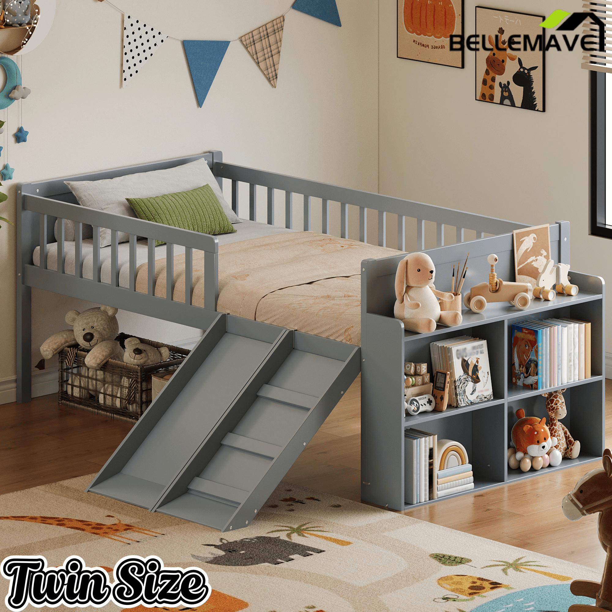 Bellemave® Kids Twin Low Loft Bed with Slide, Ladder & Storage Shelves – Wood Frame - Bellemave