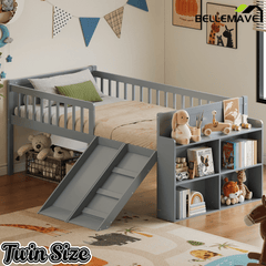 Bellemave® Kids Twin Low Loft Bed with Slide, Ladder & Storage Shelves – Wood Frame - Bellemave