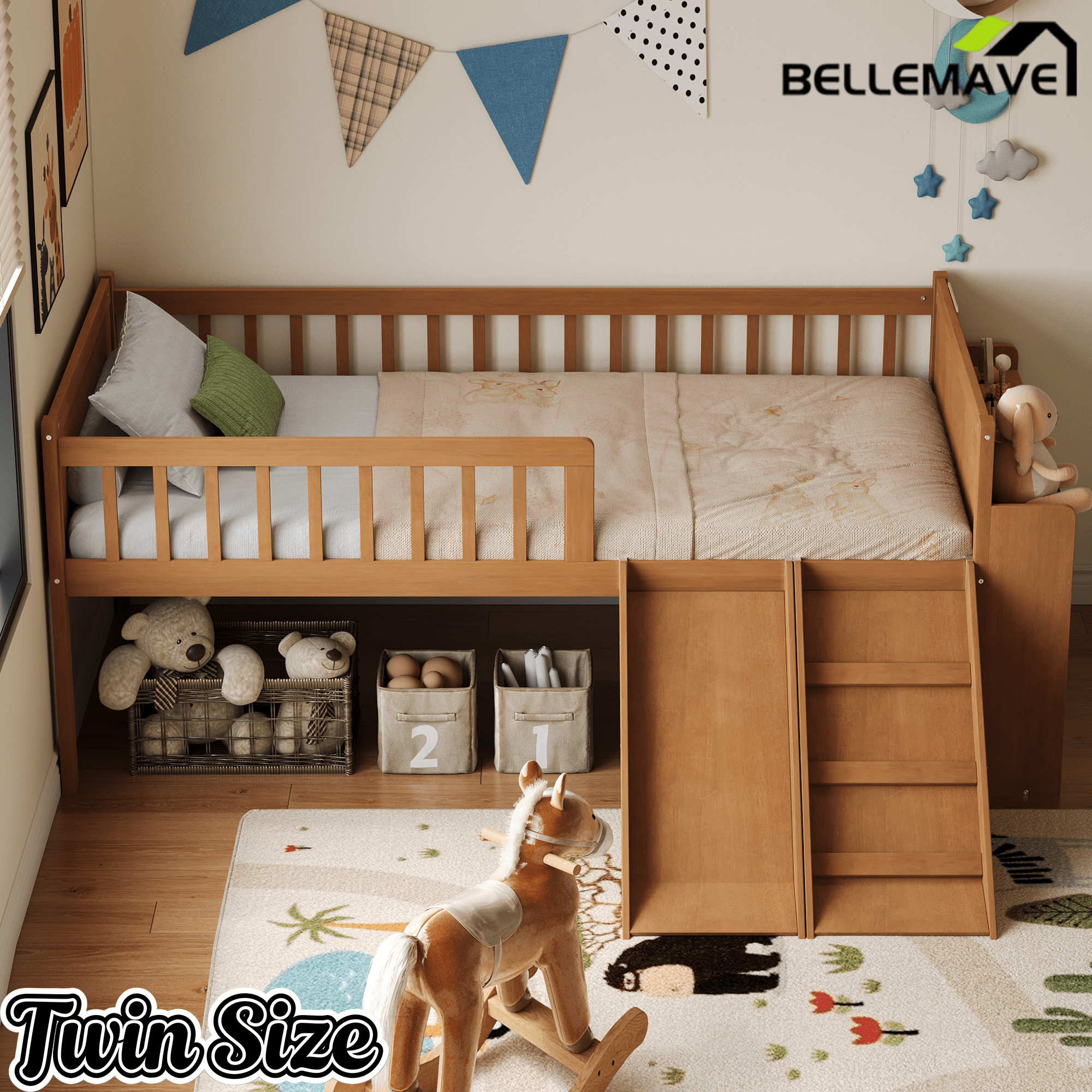 Bellemave® Kids Twin Low Loft Bed with Slide, Ladder & Storage Shelves – Wood Frame - Bellemave