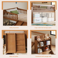 Bellemave® Kids Twin Low Loft Bed with Slide, Ladder & Storage Shelves – Wood Frame - Bellemave