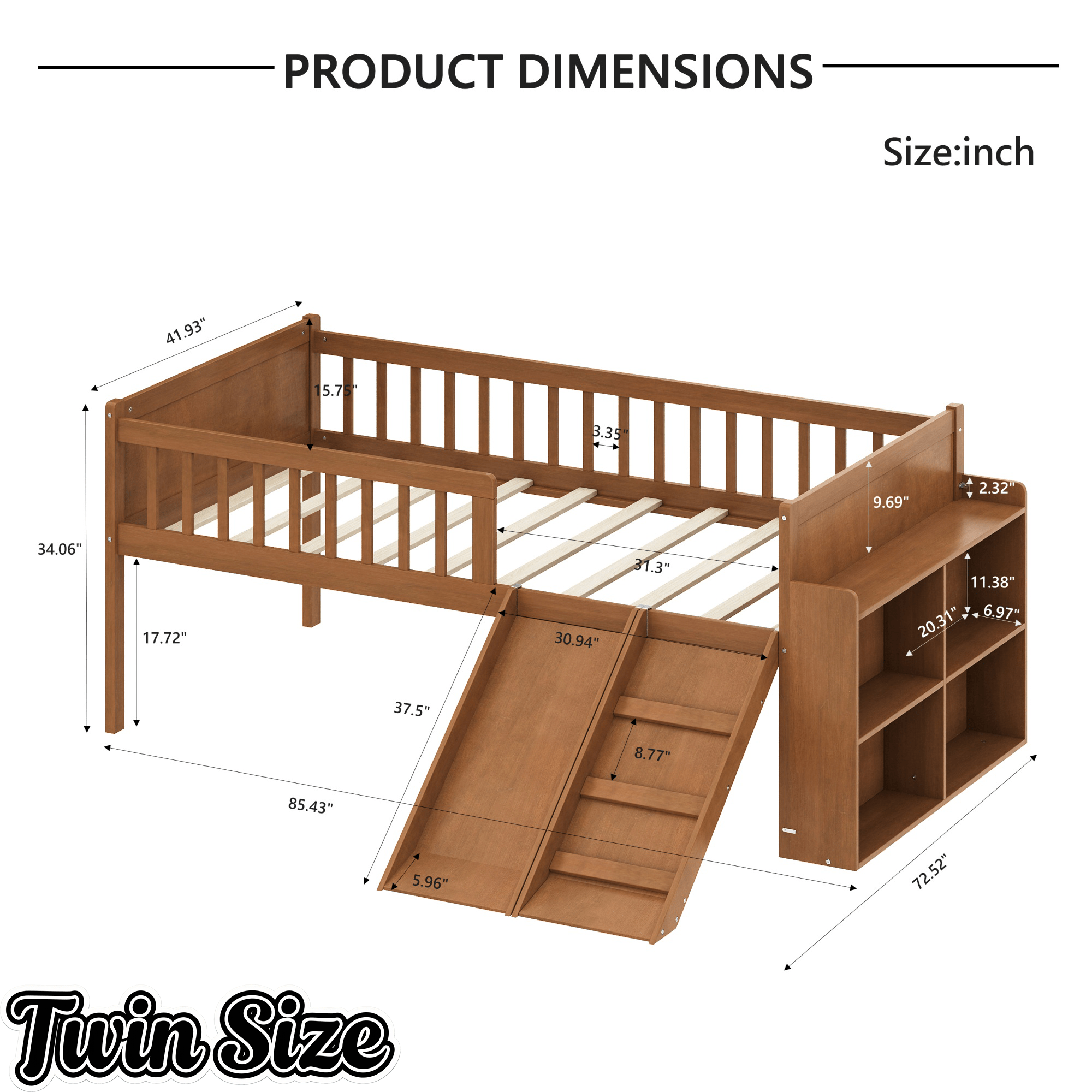 Bellemave® Kids Twin Low Loft Bed with Slide, Ladder & Storage Shelves – Wood Frame - Bellemave