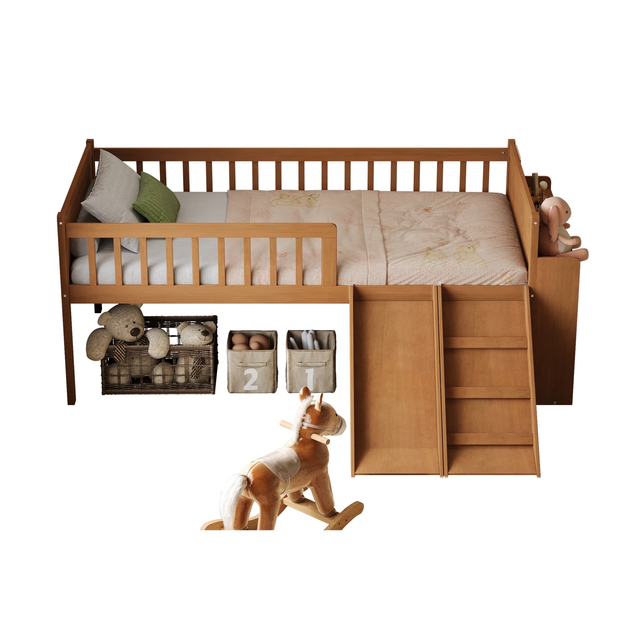 Bellemave® Kids Twin Low Loft Bed with Slide, Ladder & Storage Shelves – Wood Frame - Bellemave