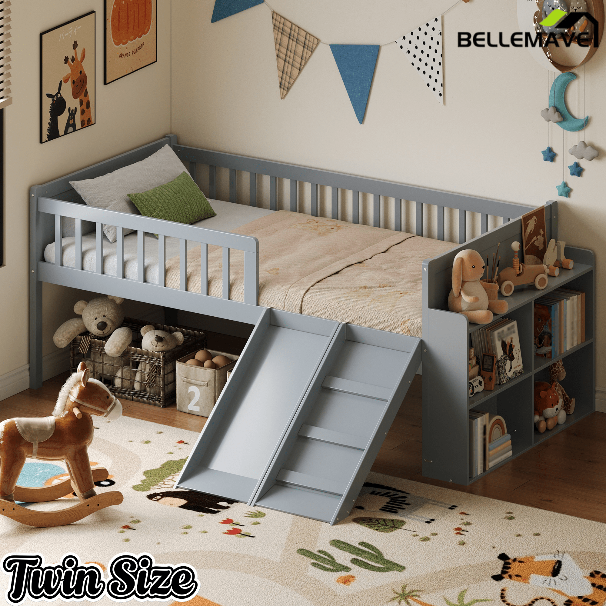 Bellemave® Kids Twin Low Loft Bed with Slide, Ladder & Storage Shelves – Wood Frame - Bellemave