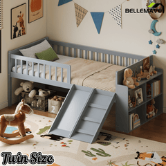 Bellemave® Kids Twin Low Loft Bed with Slide, Ladder & Storage Shelves – Wood Frame - Bellemave