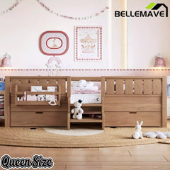 Bellemave® Kids Twin Size Montessori Bed Frame with Built-in Storage Shelves and Drawers, Floor Bed with Staircase and Full-Length High Rails,for Boys, Girls, Wood,Easy Assemble - Bellemave