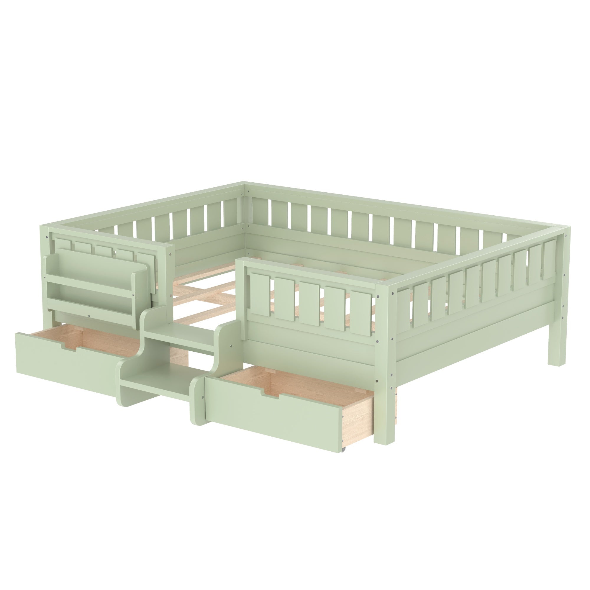 Bellemave® Kids Twin Size Montessori Bed Frame with Built - in Storage Shelves and Drawers, Floor Bed with Staircase and Full - Length High Rails,for Boys, Girls, Wood,Easy Assemble - Bellemave