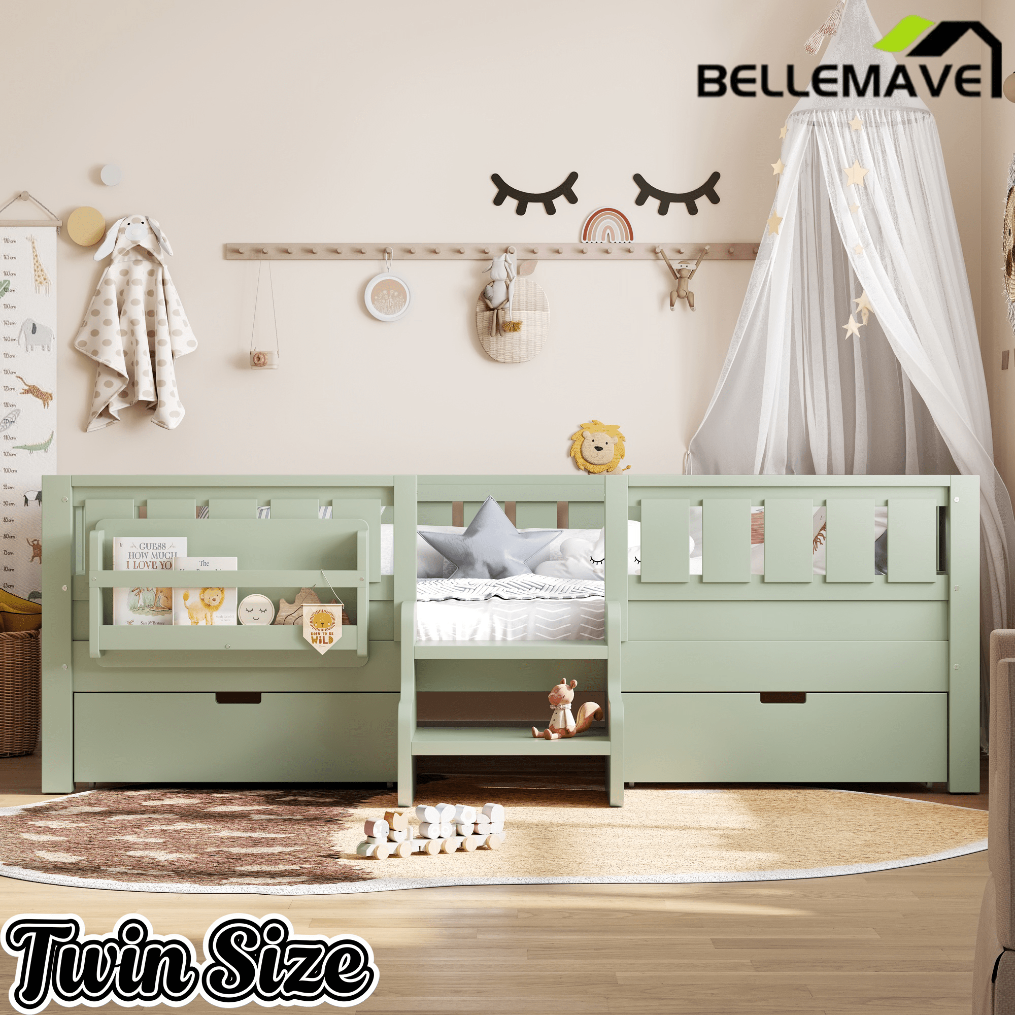 Bellemave® Kids Twin Size Montessori Bed Frame with Built - in Storage Shelves and Drawers, Floor Bed with Staircase and Full - Length High Rails,for Boys, Girls, Wood,Easy Assemble - Bellemave