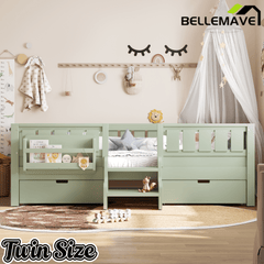 Bellemave® Kids Twin Size Montessori Bed Frame with Built - in Storage Shelves and Drawers, Floor Bed with Staircase and Full - Length High Rails,for Boys, Girls, Wood,Easy Assemble - Bellemave