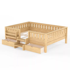 Bellemave® Kids Twin Size Montessori Bed Frame with Built-in Storage Shelves and Drawers, Floor Bed with Staircase and Full-Length High Rails,for Boys, Girls, Wood,Easy Assemble - Bellemave