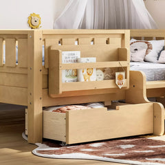 Bellemave® Kids Twin Size Montessori Bed Frame with Built-in Storage Shelves and Drawers, Floor Bed with Staircase and Full-Length High Rails,for Boys, Girls, Wood,Easy Assemble - Bellemave