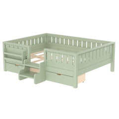 Bellemave® Kids Twin Size Montessori Bed Frame with Built - in Storage Shelves and Drawers, Floor Bed with Staircase and Full - Length High Rails,for Boys, Girls, Wood,Easy Assemble - Bellemave