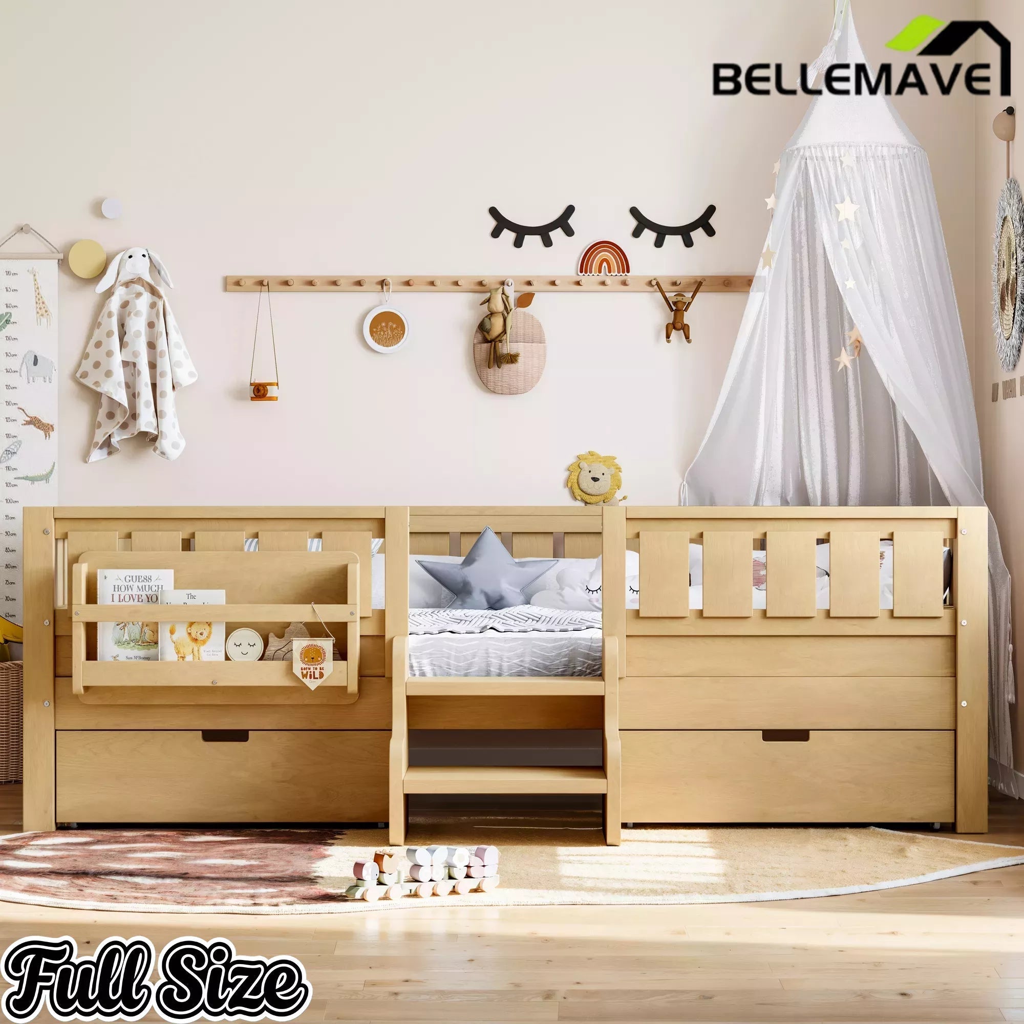 Bellemave® Kids Twin Size Montessori Bed Frame with Built-in Storage Shelves and Drawers, Floor Bed with Staircase and Full-Length High Rails,for Boys, Girls, Wood,Easy Assemble - Bellemave