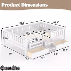 Bellemave® Kids Twin Size Montessori Bed Frame with Built-in Storage Shelves and Drawers, Floor Bed with Staircase and Full-Length High Rails,for Boys, Girls, Wood,Easy Assemble - Bellemave