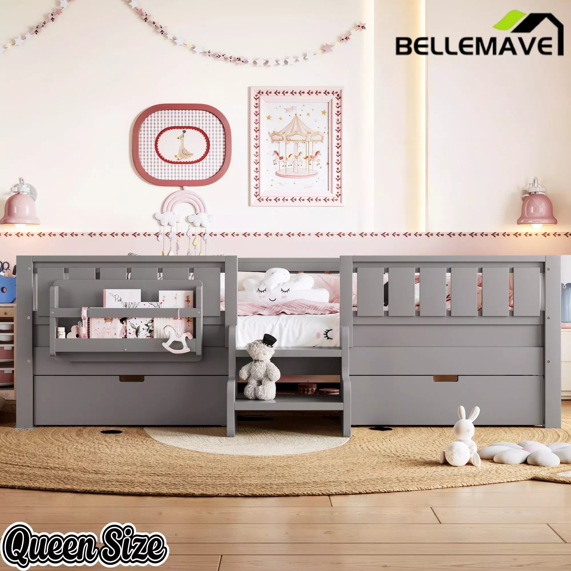 Bellemave® Kids Twin Size Montessori Bed Frame with Built-in Storage Shelves and Drawers, Floor Bed with Staircase and Full-Length High Rails,for Boys, Girls, Wood,Easy Assemble - Bellemave