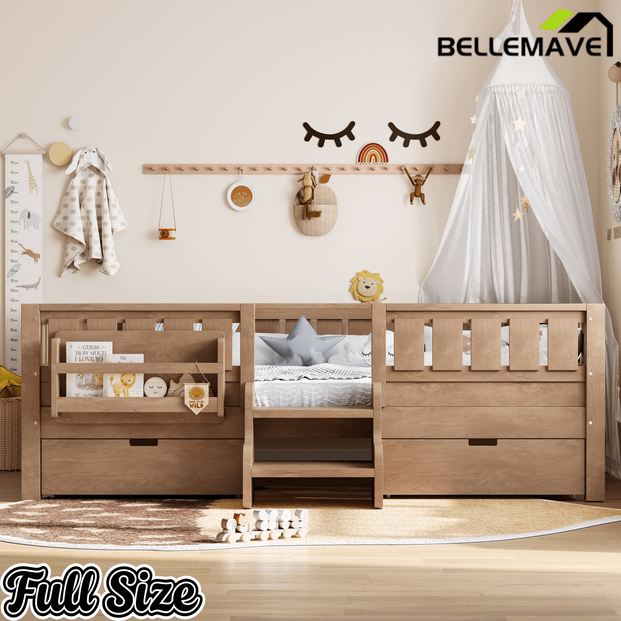 Bellemave® Kids Twin Size Montessori Bed Frame with Built - in Storage Shelves and Drawers, Floor Bed with Staircase and Full - Length High Rails,for Boys, Girls, Wood,Easy Assemble - Bellemave