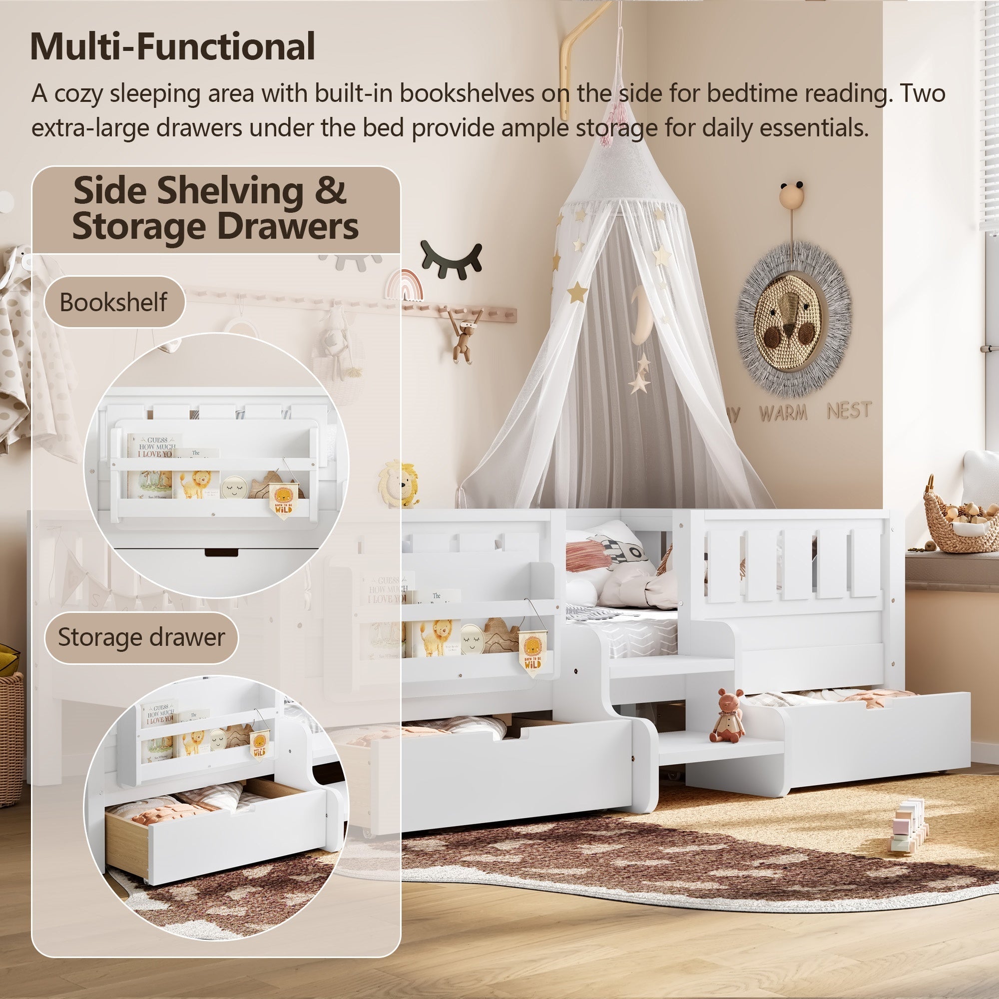 Bellemave® Kids Twin Size Montessori Bed Frame with Built - in Storage Shelves and Drawers, Floor Bed with Staircase and Full - Length High Rails,for Boys, Girls, Wood,Easy Assemble - Bellemave