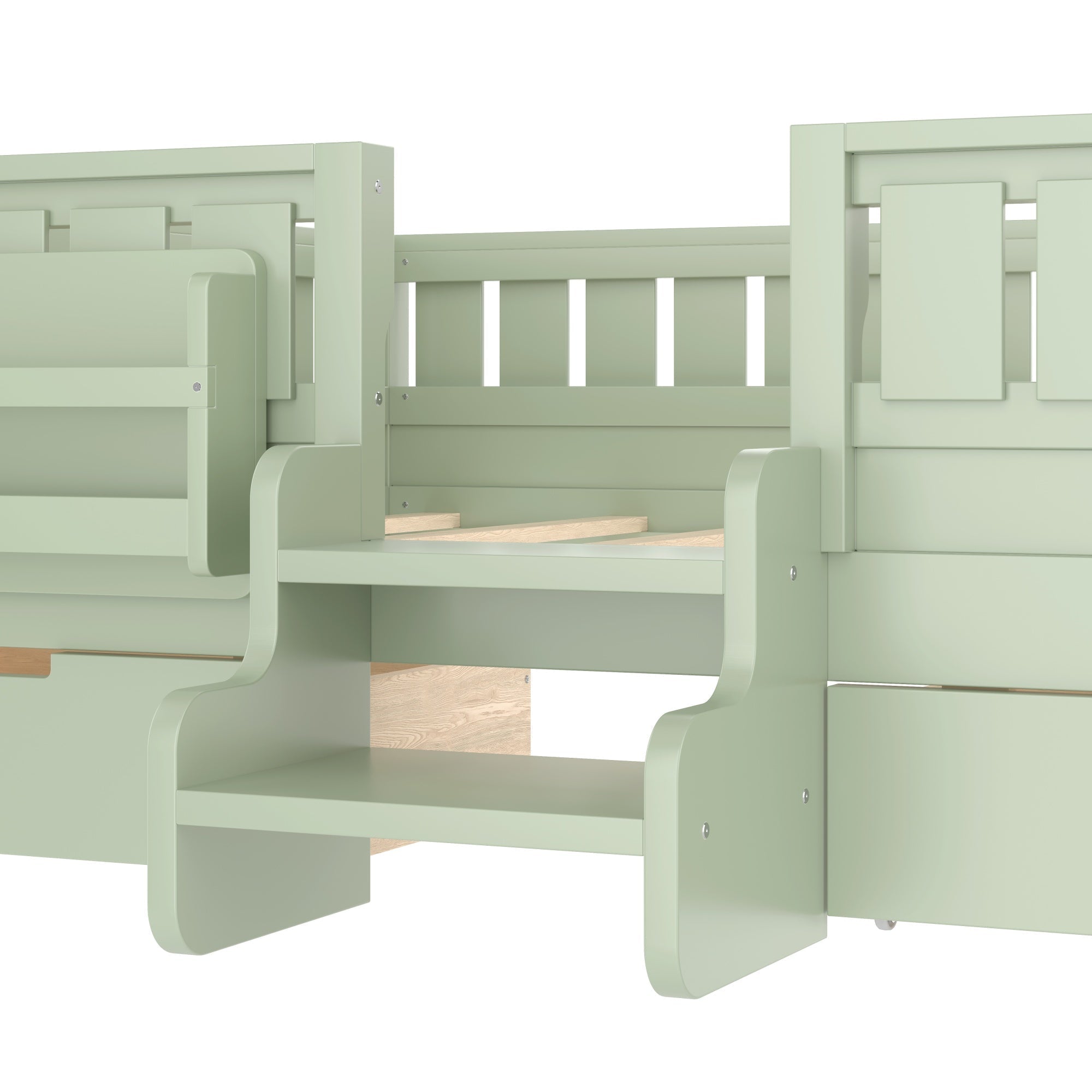 Bellemave® Kids Twin Size Montessori Bed Frame with Built - in Storage Shelves and Drawers, Floor Bed with Staircase and Full - Length High Rails,for Boys, Girls, Wood,Easy Assemble - Bellemave