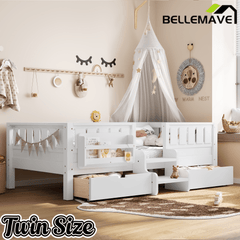 Bellemave® Kids Twin Size Montessori Bed Frame with Built - in Storage Shelves and Drawers, Floor Bed with Staircase and Full - Length High Rails,for Boys, Girls, Wood,Easy Assemble - Bellemave