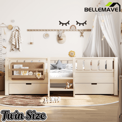 Bellemave® Kids Twin Size Montessori Bed Frame with Built - in Storage Shelves and Drawers, Floor Bed with Staircase and Full - Length High Rails,for Boys, Girls, Wood,Easy Assemble - Bellemave