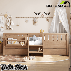 Bellemave® Kids Twin Size Montessori Bed Frame with Built - in Storage Shelves and Drawers, Floor Bed with Staircase and Full - Length High Rails,for Boys, Girls, Wood,Easy Assemble - Bellemave