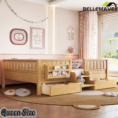 Bellemave® Kids Twin Size Montessori Bed Frame with Built-in Storage Shelves and Drawers, Floor Bed with Staircase and Full-Length High Rails,for Boys, Girls, Wood,Easy Assemble - Bellemave