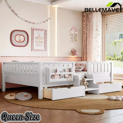 Bellemave® Kids Twin Size Montessori Bed Frame with Built-in Storage Shelves and Drawers, Floor Bed with Staircase and Full-Length High Rails,for Boys, Girls, Wood,Easy Assemble - Bellemave