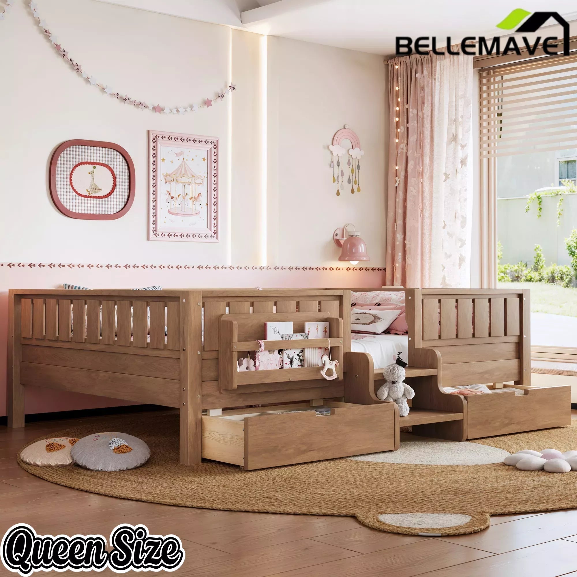 Bellemave® Kids Twin Size Montessori Bed Frame with Built-in Storage Shelves and Drawers, Floor Bed with Staircase and Full-Length High Rails,for Boys, Girls, Wood,Easy Assemble - Bellemave