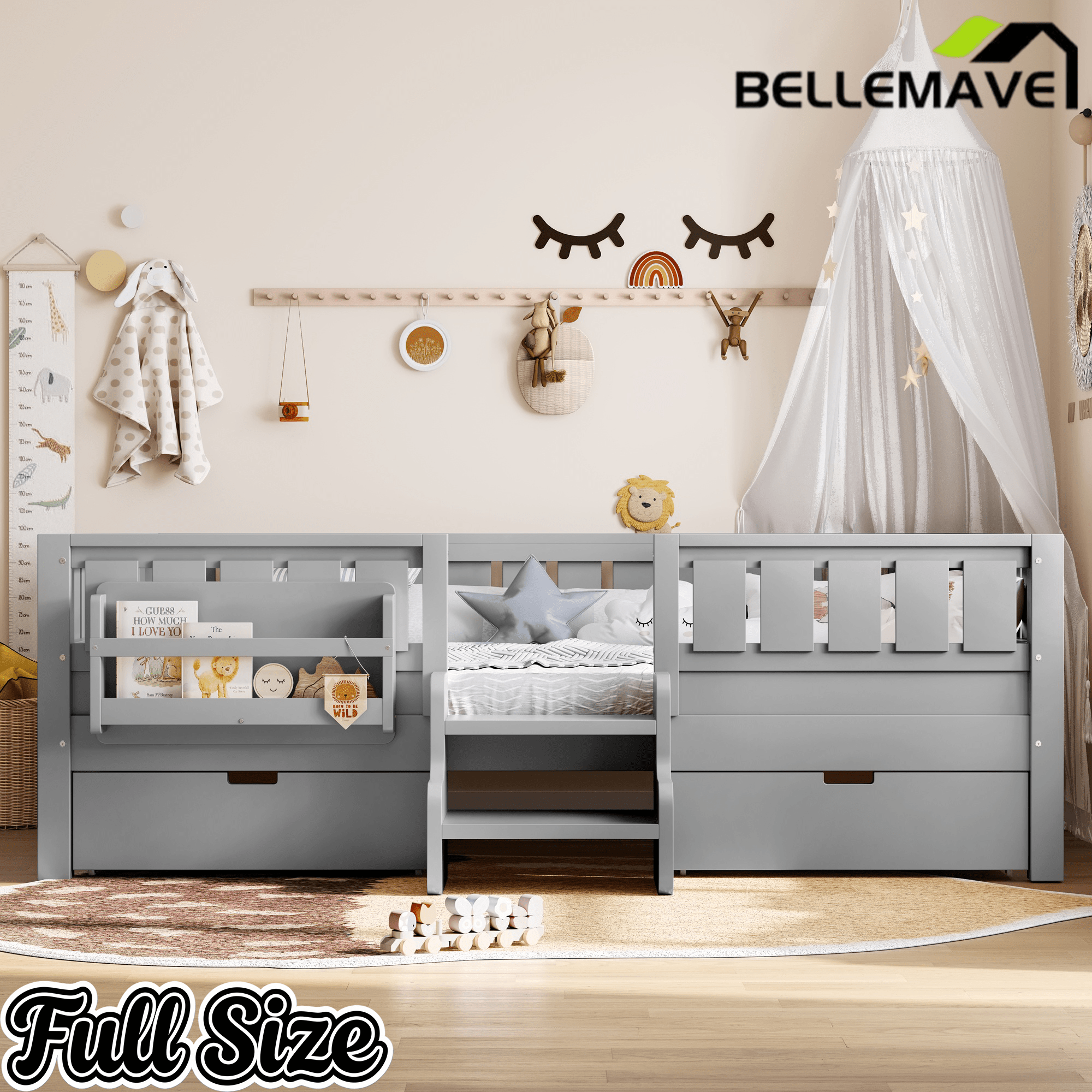 Bellemave® Kids Twin Size Montessori Bed Frame with Built - in Storage Shelves and Drawers, Floor Bed with Staircase and Full - Length High Rails,for Boys, Girls, Wood,Easy Assemble - Bellemave