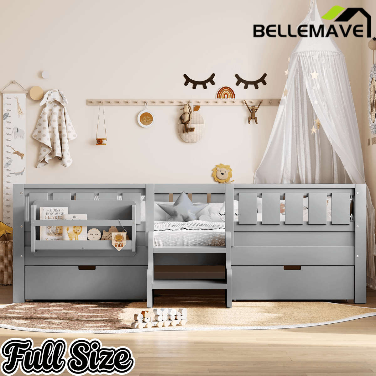 Bellemave® Kids Twin Size Montessori Bed Frame with Built - in Storage Shelves and Drawers, Floor Bed with Staircase and Full - Length High Rails,for Boys, Girls, Wood,Easy Assemble - Bellemave