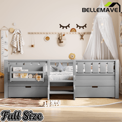 Bellemave® Kids Twin Size Montessori Bed Frame with Built - in Storage Shelves and Drawers, Floor Bed with Staircase and Full - Length High Rails,for Boys, Girls, Wood,Easy Assemble - Bellemave