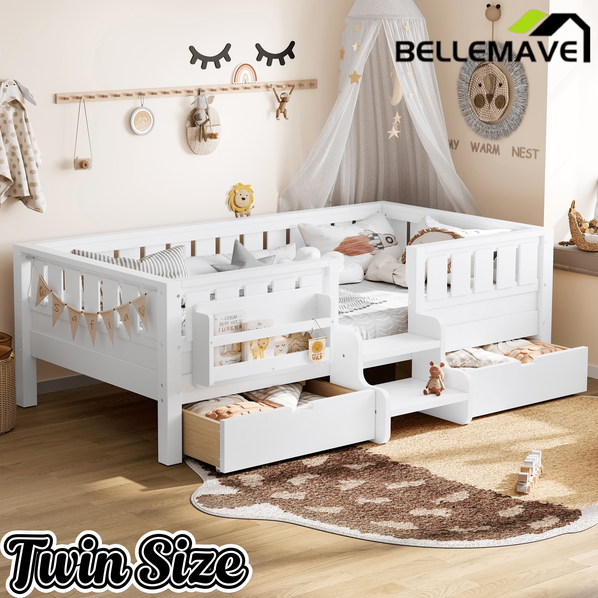 Bellemave® Kids Twin Size Montessori Bed Frame with Built - in Storage Shelves and Drawers, Floor Bed with Staircase and Full - Length High Rails,for Boys, Girls, Wood,Easy Assemble - Bellemave