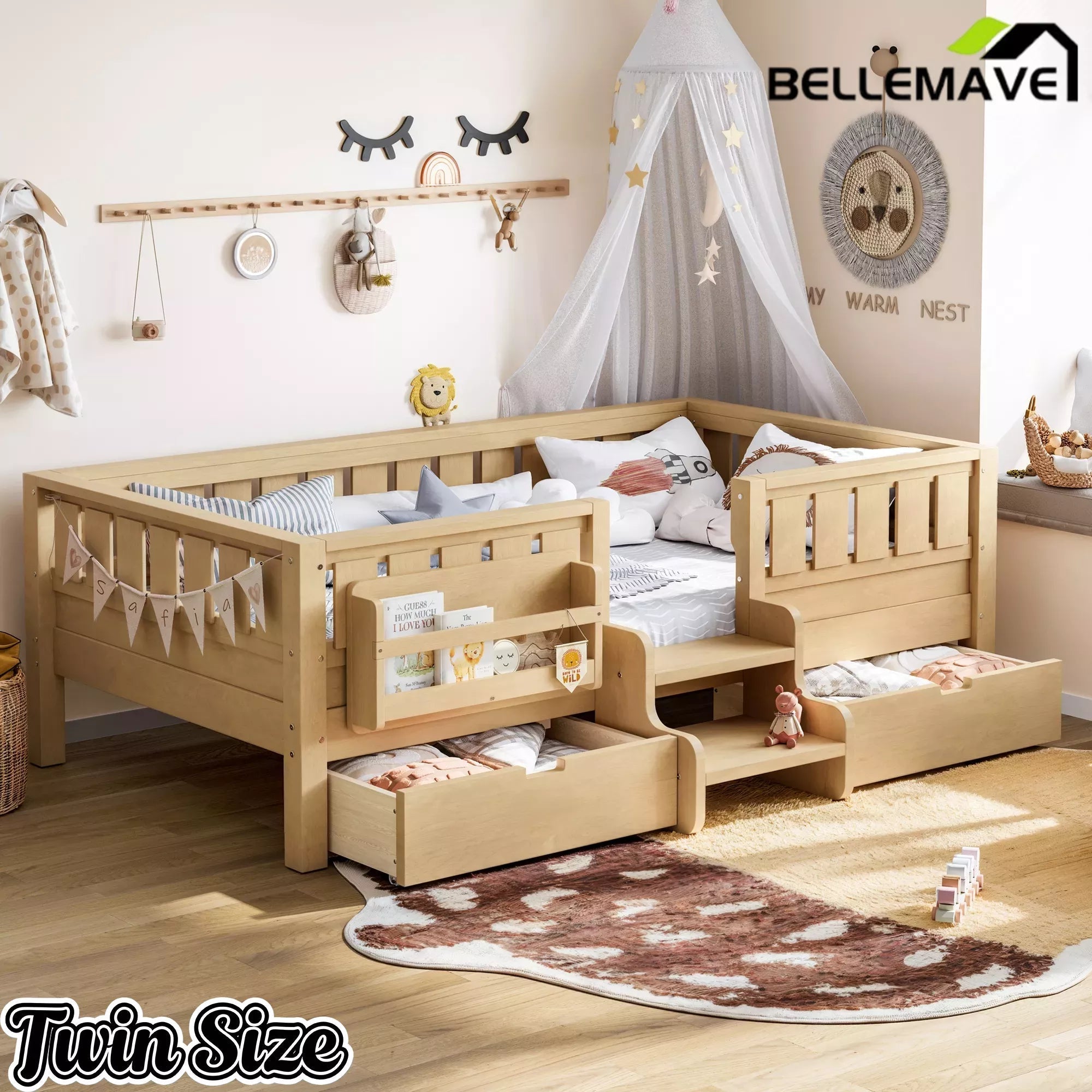 Bellemave® Kids Twin Size Montessori Bed Frame with Built-in Storage Shelves and Drawers, Floor Bed with Staircase and Full-Length High Rails,for Boys, Girls, Wood,Easy Assemble - Bellemave