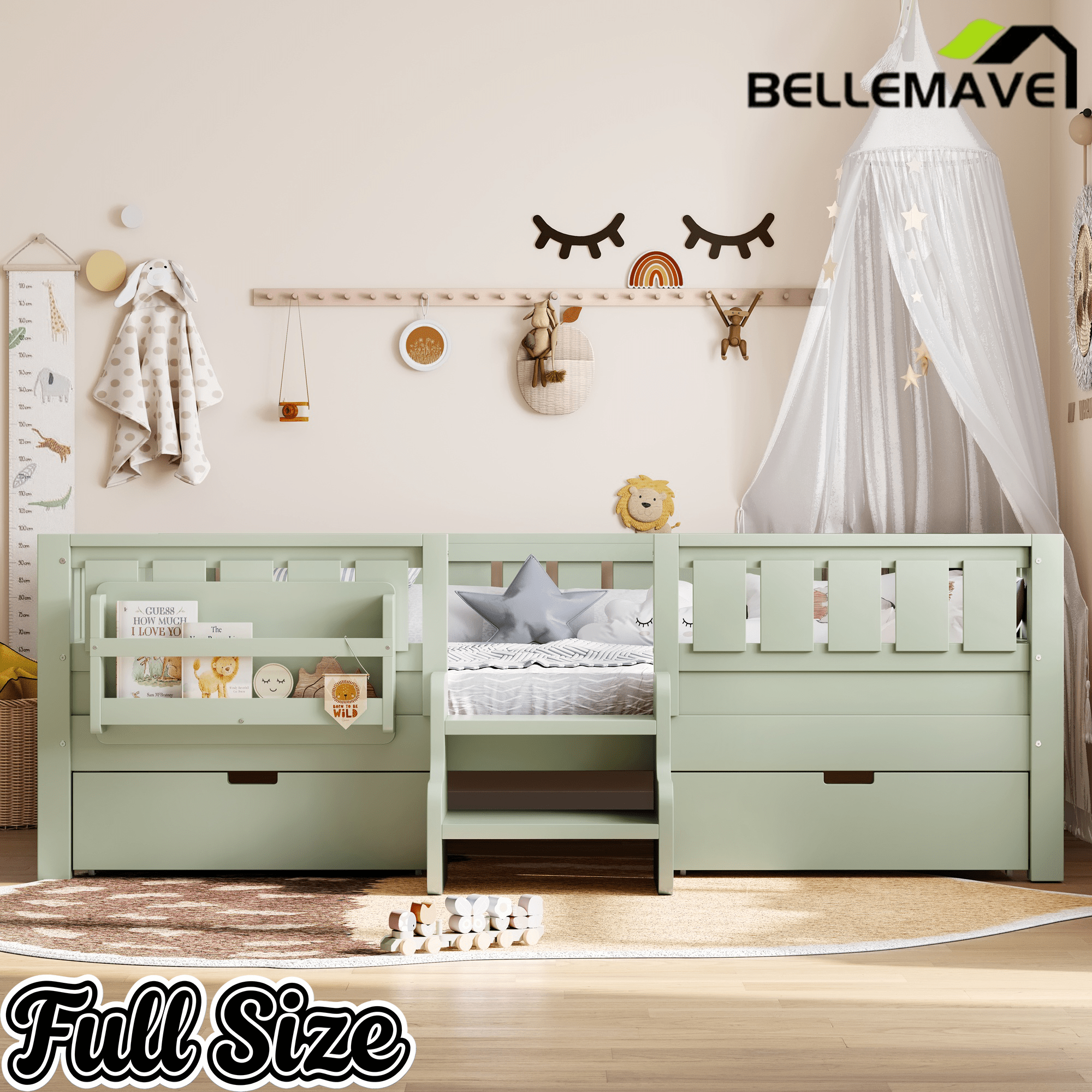 Bellemave® Kids Twin Size Montessori Bed Frame with Built - in Storage Shelves and Drawers, Floor Bed with Staircase and Full - Length High Rails,for Boys, Girls, Wood,Easy Assemble - Bellemave